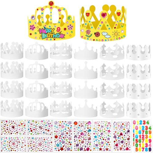 PrreDeACCE 24PCS White Paper Crowns to Decorate DIY Birthday Crowns Princess Prince Crowns with Number Letters Diamond Stickers for Kids Classroom Party Supplies