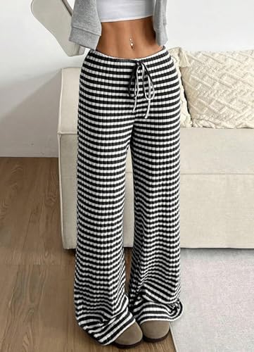 Image of Women's Casual Checkered Pants Drawstring Elastic Waist Comfy Loose Straight Wide Leg Plaid Pants with Pockets