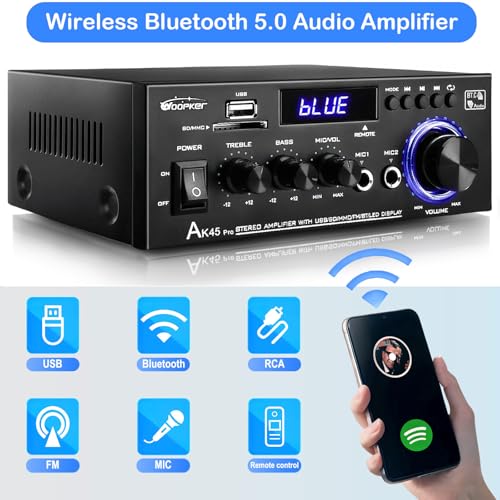 AK45 Pro Amplifier Home Audio Bluetooth 5.0 Stereo Amplifier Rated Power 50W 2.0 Channel Bluetooth Amplifier for Speakers Stereo Receivers for Home Theater Speakers w/USB/SD/RCA/2 MIC in for Karaok