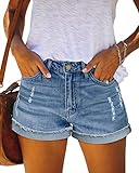 KISSMODA Ladies Denim Hot Shorts Women High Waisted Rippde Fashion Pants Light Blue Medium