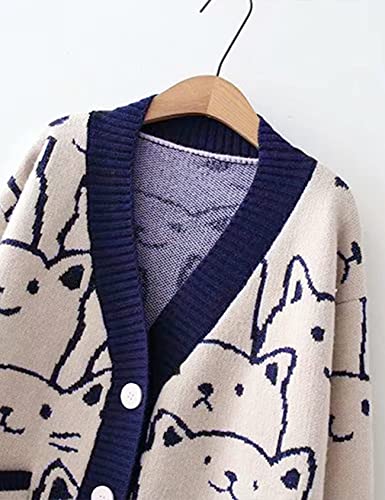 Arssm Womens V-Neck Long Sleeve Knit Loose Cardigan Cartoon Cat Sweater Coat (Navy, One Size) #TOP5