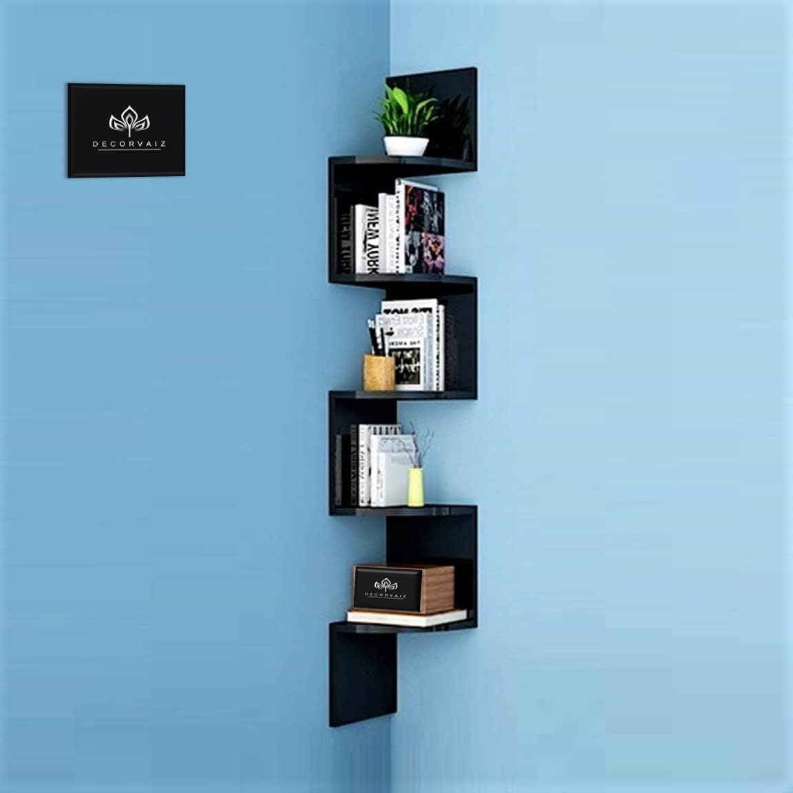 DECORVAIZ Curl Zig Zag Hanging Floating Wall Mounted Display Shelves| Corner Hanging Shelf for Wall Decoration of Your Home, Living Room, Bed Room, Office [Black]