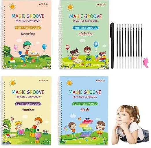 FREEDY Hindi language and English language Magic Practice Copybook for Kids,Handwriting Practice Book 4 Pack with Pen Refill English Cursive Calligraphy Reusable Age 3-8 G