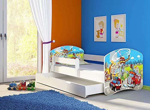 CLAMARO 'Fantasia Weiß' 160 x 80 Kinderbett Set inkl. Matratze, Lattenrost und mit Bettkasten Schublade, mit verstellbarem Rausfallschutz und Kantenschutzleisten, Design: 37 Feuerwehr