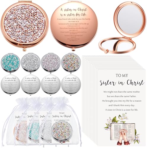 Geetery 10 Set Valentine Galentine Christian Gifts for Church Group Women Lady Mom Friend Bulk Rhinestone Sisters in Christ Compact Mirrors Pocket Religious Faith Bible Verse Party Favors(Multicolor)