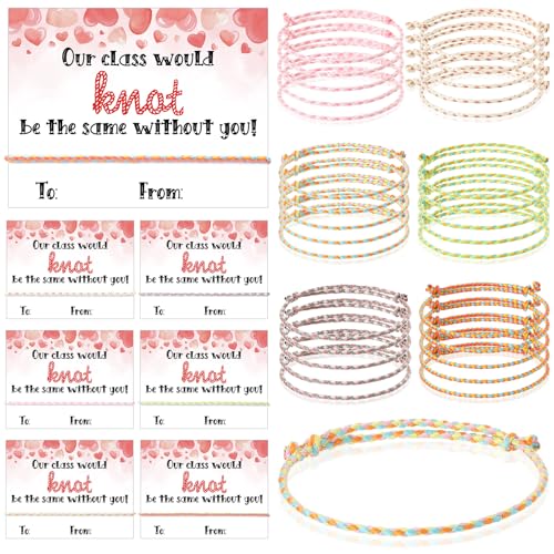 Riceshoot 60 Sets Valentine Gifts for Kids Classroom Neon Bracelets Rope Bracelets Valentine’s Day Gift Cards Our Class Will Knot Be The Same Without You Cards for Kids Classroom Exchange