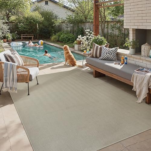 Outdoor Teppich Wohnzimmer 300x400cm Outdoorteppich Wetterfest Balkon Taupe Teppiche Jute Optik rutschfest Waschbarer Indoor Groß Carpet Garten Esszi