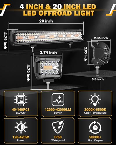 Image of Auxbeam 20 Inch 420W LED Light Bar 2PCS 4 Inch 120W Light Pods, Amber White Strobe Off Road Fog Lights, 6 Modes Memory Reset Function Yellow Spot Flood Driving Work Ditch Lights for Truck Car ATV