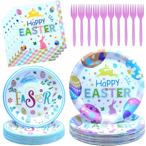 Easter Plates and Napkins Set, 80 Pcs 7in and 9in Disposable Paper Plates with Bunny Theme, Easter Dinnerware Sets with Forks for Spring Birthday Baby Shower Party (Easter)