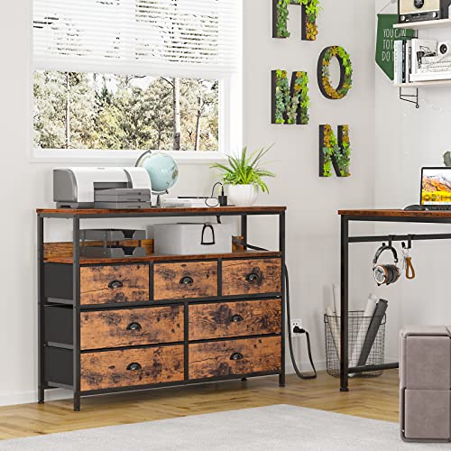 Dresser Tv Stand With Power Outlets, Console Sofa Table With 7 Fabric Drawers And Shelves, Nightstand Set 2 With 2 Fabric Drawers, End Table With Open Wood Shelf, Side Table For Bedroom, Living Room #TOP1