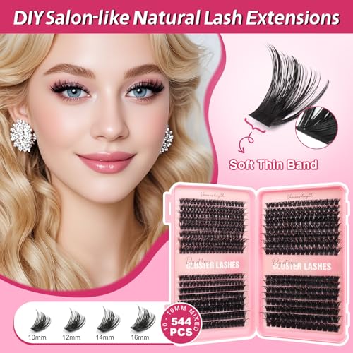 Glowing Win Cluster Lashes Kit with Lash Glue&Remover 544pcs Individual Eyelashes 60D 100D 120D 150D False Eyelashes Individual Kit D Curl Strip Eye Lashes Book Mix 10-16mm - Image 2