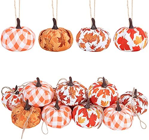 12PCS Fall Thanksgiving Plaid Fabric Wrapped Pumpkin Shaped Ornam...