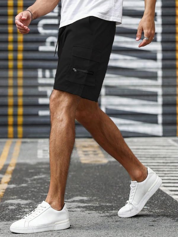 Image of SMOWKLY Men's Cotton Casual Relaxed Regular Fit Camo Cargo Shorts || Drawstring & Elastic Waist Multi Pocket Summer Beach Hiking Outdoor Work Half Pant