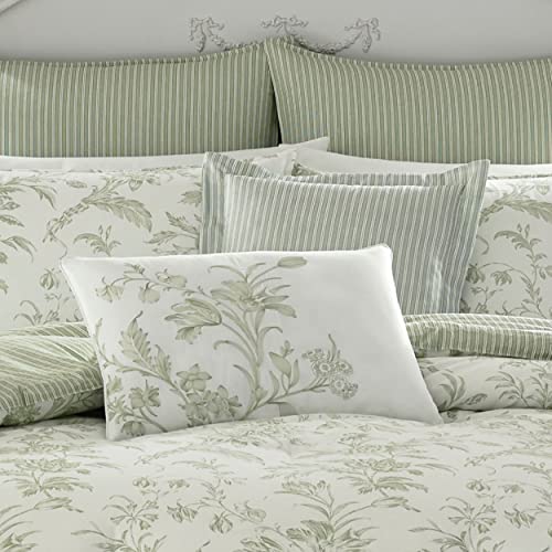 Image of Laura Ashley - Twin Comforter Set, Soft & Reversible Cotton Bedding, Medium Weight 5 Piece Bed Set with Matching Pillowcase, Euro Sham & Bonus Throw Pillows (Natalie Green)