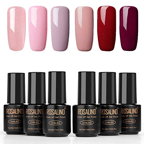 ROSALIND Glitter Series Gel Nail Polish Set, 6 Pcs Purple Gold Glitter Gel Polish Kit Pink Red Silver Nail Polish Gel Kit Art Design, Soak Off UV LED Gel Nail Lamp Cured, 7milliliter Each Bottle