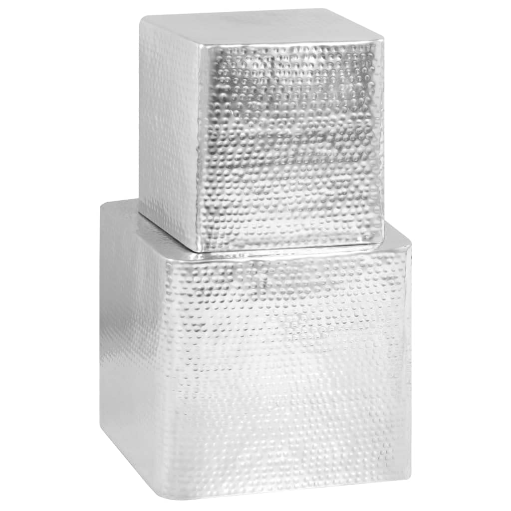 Stoliki kawowe do salonu, 2 sztuki, srebrne, aluminiowe | Zestaw 2 rozmiarów, 40 x 40 x 38 cm i 30 x 30 x 32 cm, wykończenie młotkiem, już zmontowany