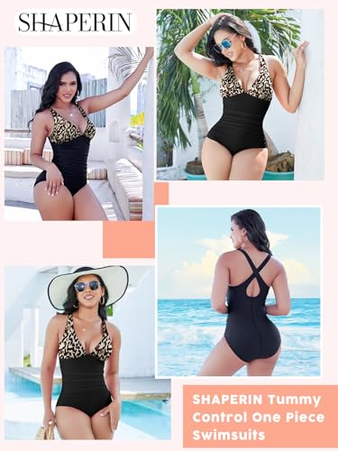SHAPERIN Women's One Piece Swimsuits Tummy Control Bathing Suits Sexy Padded Push Up Ruched Swimwear Plus Size Monokini Leopard 2XL — view 2