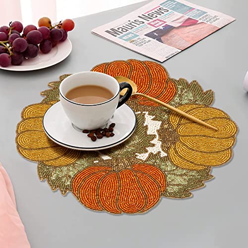 Round Beaded Placemats White 13" Round,Placemats For Dining Table,Beaded Placemats, Beaded Charger Placemats,Holiday & Christmas Beaded Placemats,Beaded Glitz Charger Pumpkins Green Gold Multi #TOP7
