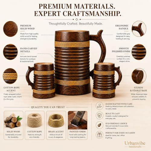 Image of Wooden Beer Bar Combo Set | Barrel Shaped Jumbo Mug | 2 Small Beer Mug 350ML (5 x 4 inches Each) & 1 Large Beer Jug 750ML | Ring Groves