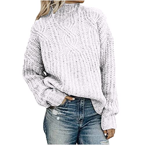 Amikadom Suéter feminino de inverno outono gola alta ajuste solto longo com nervuras básicas roupas