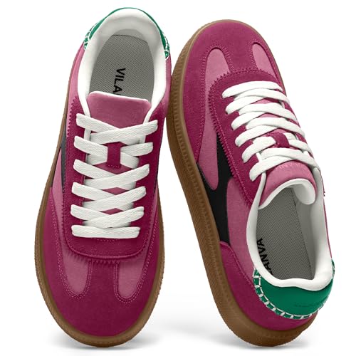 Vilanva Women's Fashion Sneakers Casual Tennis Shoes with Genuine Suede Classic Retro Gum Sole Walking Trendy Footwear Pink Multi
