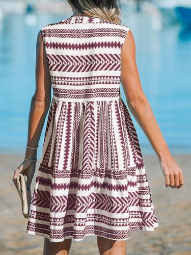 Image of CUPSHE Women's Ruffle Beach Mini Dress Split V Neck A Line Sleeveless Geometric Stripe Tropical Leaf Pattern Summer Dresses