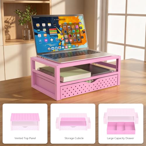 Image of WALI Desk Organizer with Drawer,Computer Monitor Stand with Storage, Desk Organizers and Accessories for Computer, Printer, Laptop Riser for Home Office Supplies, (PTT005-P), 1 Pack, Pink