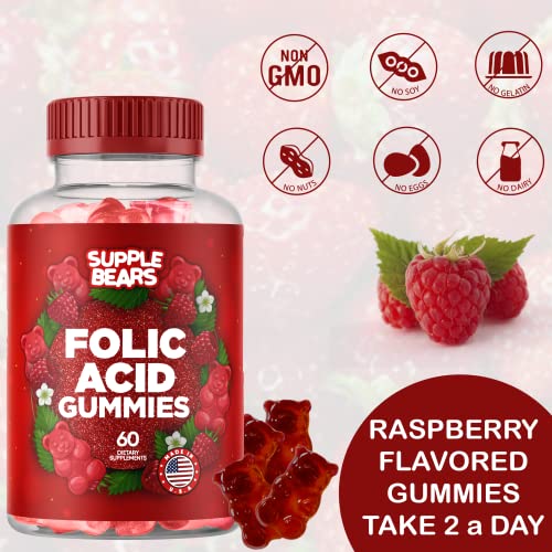 Supplebears Folic Acid Gummies 400Mcg - Essential Prenatal & Pregnancy Gummy For Women, Moms & Baby To Be - 60 Raspberry Flavored Folate Gummy Vitamins - Made In The Usa #TOP5