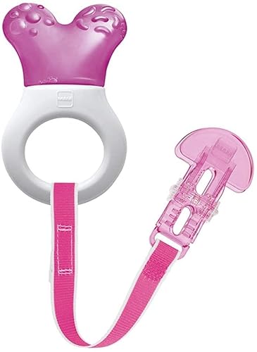 MAM Mini Cooler & Clip | Teething Toy with Water-Filled Cooling Element | Suitable from 2+ Months | Relief for Painful and Sensitive Gums | Easy-to-Hold Handle | Pink