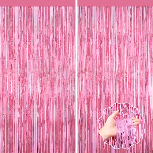 Image of Pink Party Decorations, 2Pack Glitter Pink Backdrop, Metallic Tinsel Backdrop Fringe Curtains Backdrop Curtains, Photo Backdrop Party Supplies Wedding Engagement Christmas Birthday Party Decorations