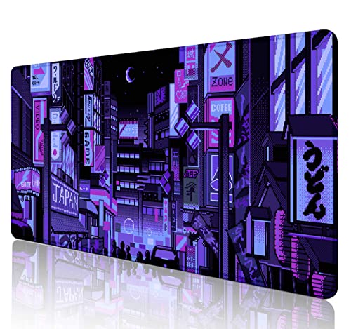 SXCKANG Grand Tapis de Souris de Jeu rétro Vaporwave - Motif Dessin animé Japonais Violet foncé - pour Ordinateur Portable - Tokyo Street Pixel Art néon -...
