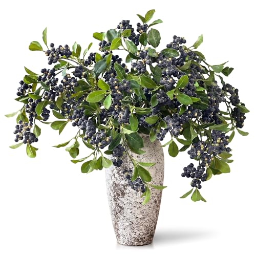 4Pcs 33Artificial Blueberry Stems Faux Blueberries Fruit Branch(Blue)