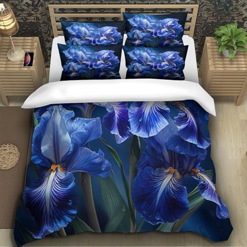 Parure de lit fleurs d'iris bleu 3D microfibre super douce housse de couette - 5