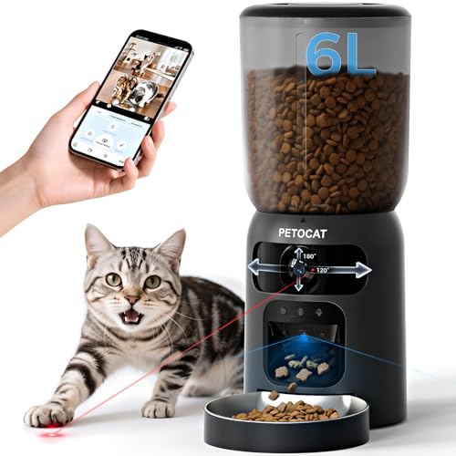 PETOCAT AI Pet Feeder for Cats & Dogs with Dual Cameras (1 Adjustable), 2K HD Night Vision, 5G/2.4G WiFi, 6L Automatic Feeder with APP Control, Laser Interactive Toy, Two-Way Audio & Scheduled Feeding
