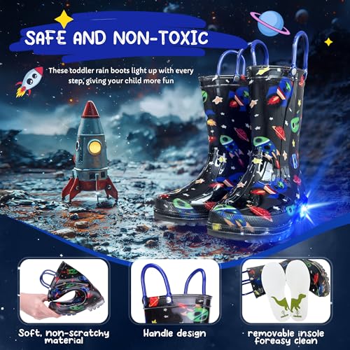 Funspread Toddler Rain Boots Boys Rain Boots - Patterns Light Up Kids Rain Boots with Easy-On Handles Lightwight Waterproof Rain Shoes Black Size 10 by Funspread - Used condition - Image 3