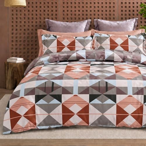 Image of DECOR2ADMIRE 300 TC Super King Size Glace Cotton Printed Bedsheet with 2 Pillow Covers - 108 inch x 108 inch (275cm x 275cm) - Available in Multiple Elegant Designs (Peach Blocks)