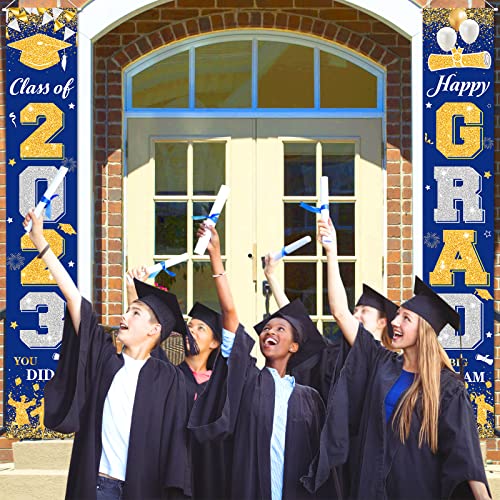 2023 Graduation Porch Banners Blue Gold Graduation Outdoor Decorations For Class Of 2023 Happy Grad Porch Sign Congrats Hanging Door Banner For Graduation Indoor Outdoor Door Wall Yard Party Decor #TOP3