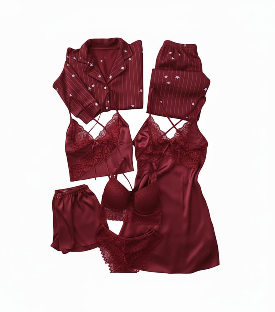 Valentine’s Day Fancy Night Suit Bath Robe Dress & Bra Penty Set Combo for Women’s Pack of 7 Pcs Nightwear Lingerie Silk Nightwear Wedding Gifts Lace Nightsuit Set Red (Free Size)
