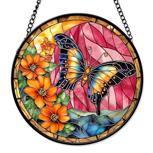 FIVITY Butterfly Suncatchers for Windows Hanging 7.8'' Butterfly Stained Glass Ornaments Indoor Outdoor Decoration Home Decor Mother's Day Christmas Gifts for People with Depression Women Mom Nana