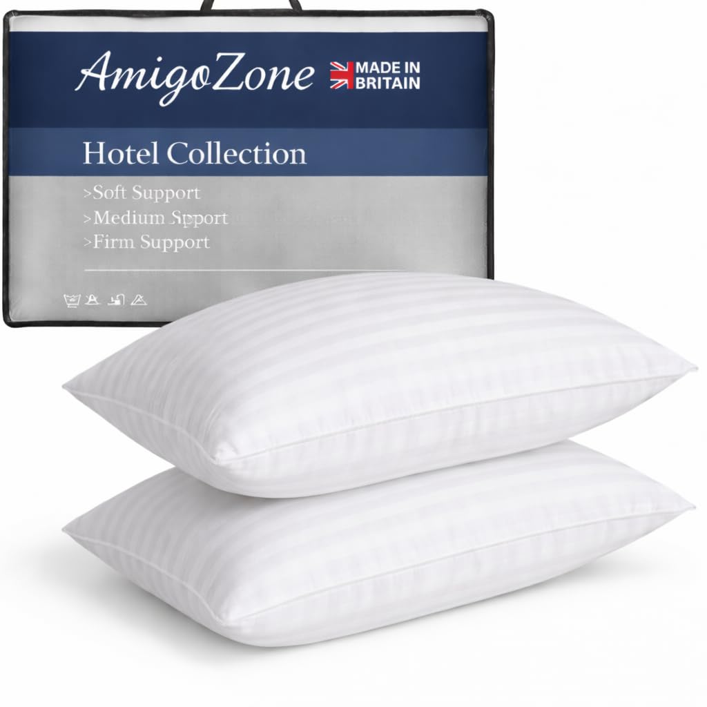 AmigoZone 2 Pack Hotel Quality Stripe Pillow - Bounce Back Pillow Cotton Blend With Virgin HollowFibre - Firm Support Anti Allergy Machine Washable - 48x74cm White Stripe - Pack of 2