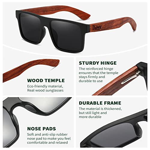 DUBERY Wood Frame Square Polarized Sunglasses for Men Women UV400 Protection Wooden Sun Glasses D8333