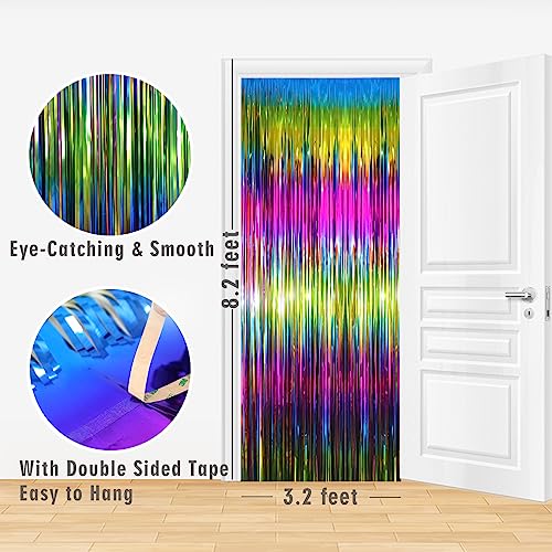 Image of GOER 3.2 ft x 8.2 ft Metallic Tinsel Foil Fringe Curtains Party Photo Backdrop Party Streamers for Birthday,Graduation,New Year Eve Decorations Wedding Decor(4 Packs,Macaroon Rainbow)