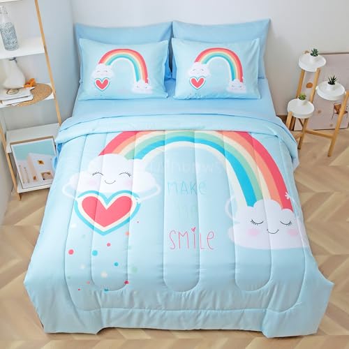 Image of Kids Bedding Twin Set for Girls Boys- Rainbow 5-Piece Comforter Set with Sheets, Pillowcase & Sham, Soft and Cozy