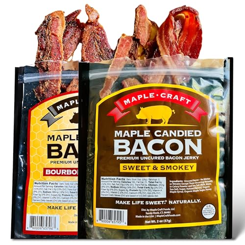 Maple Craft Foods Maple Candied Bacon Jerky – Bourbon & Hot Honey Flavors, Thick Cut Smoked Bacon Jerky with Organic Maple Syrup, Sweet Smoky Spicy Ready to Eat Snack 2 pack, 2oz