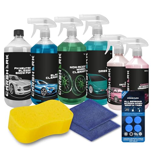CARSHARK 9-piece Car Cleaning Kit, Snow Foam, Tyre Dressing, Wheel Cleaner, Cherry Interior Dressing, Bubblegum Quick Detailer, Glass Cleaner, Screenwash Tabs, Sponge, 2 x Microfibre Cloths