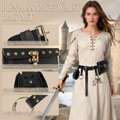 Renaissance Belt Pouch Waist Bag - Medieval Pirate Coin Purse Skirt Hike Halloween Festivals Cosplay Costume Accessories (Black) by bcehyaa - Used condition - Image 3