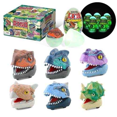 DINOBROS Dinosaur Surprise Egg Toys – 6 Pack Dino Eggs with Pull Back Cars and Chomping Action – Dinosaur Figures Easter Eggs for Kids 3-7, Perfect Easter Basket Stuffers