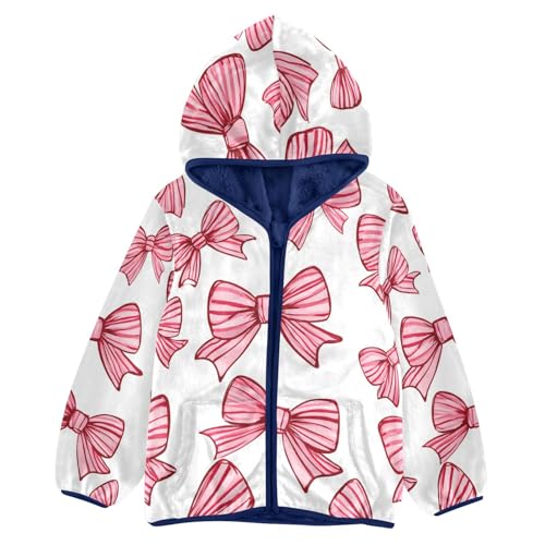Pink Striped Bow Pattern Toddler Fleece Jacket Girl Boys Hooded Fleece Jacket Coat Warm Outwear Zip-up 3-10T