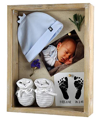 Spiretro Caja de Sombras de 28 x 35,5 cm, Caja de Marco de Fotos con Fondo de Lino, Recuerdos, medallas, Fotos, Memoria, Vidrio Resistente a roturas, Madera_Gris rústico