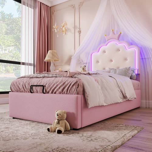Miniatura 4 de Lubvtti Cama Acolchada 90x200 Cm Con Luz Ambiental,Cama Individual Con Contenedor,Cama Infantil,Forma De Corona De Princesa,Cama Con Almacenaje,Con Somier De Láminas,Pu